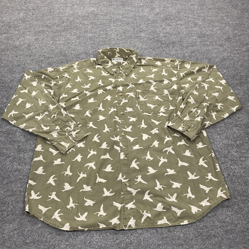 Columbia Shirt Mens 2XL‎ Green Bird Print Long Sleeve Button Down Casual Cotton
